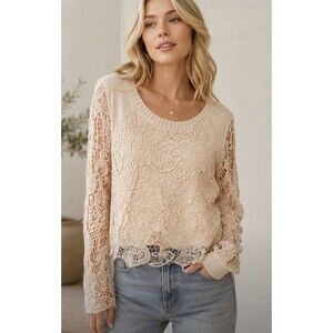 Free People Womens Sweater Sz S Crochet Long Sleeve Lace Nude Boho Sweater